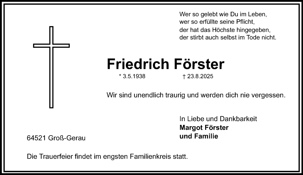  Traueranzeige für Friedrich Förster vom 30.08.2025 aus Groß-Gerauer Echo