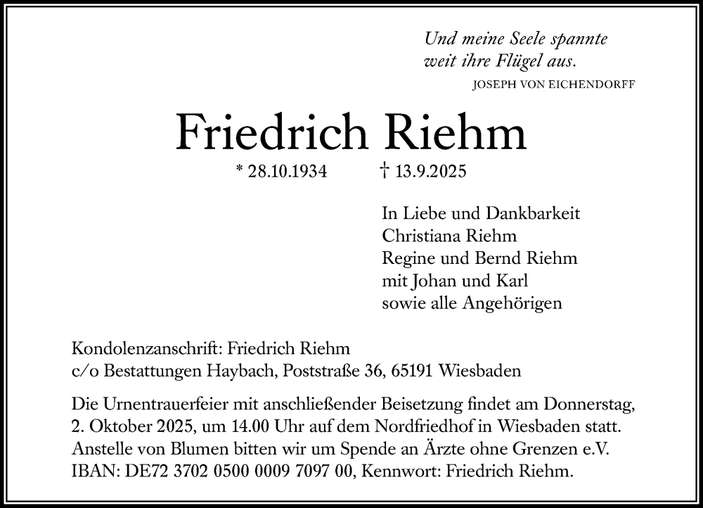  Traueranzeige für Friedrich Riehm vom 20.09.2025 aus Wiesbadener Kurier