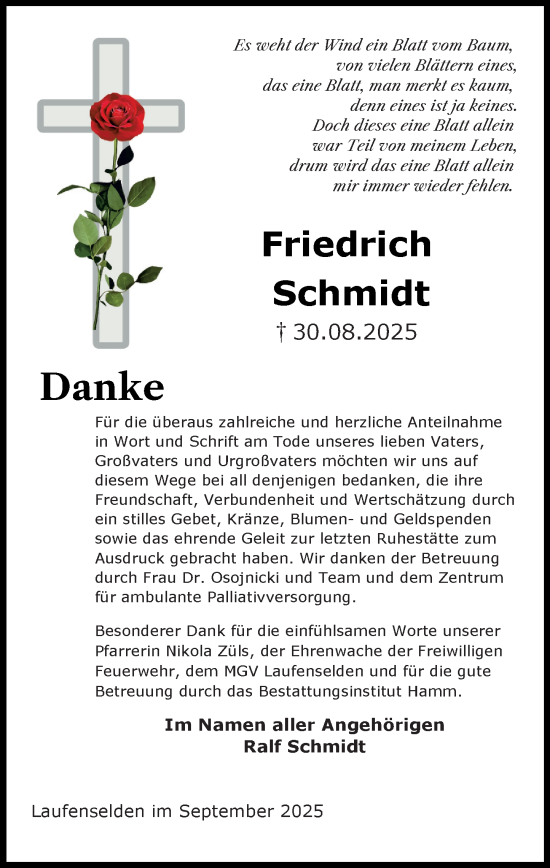 Traueranzeige von Friedrich Schmidt von Wiesbadener Kurier