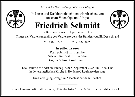 Traueranzeige von Friedrich Schmidt von Wiesbadener Kurier
