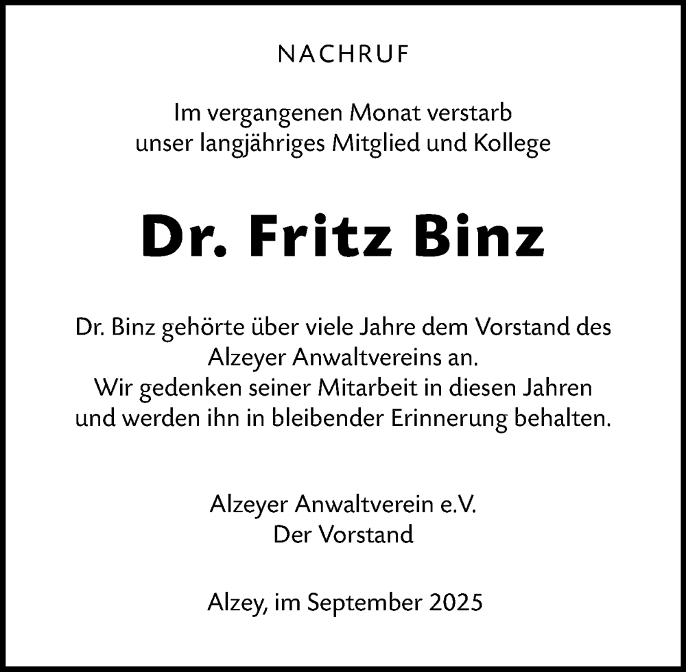  Traueranzeige für Fritz Binz vom 16.09.2025 aus Allgemeine Zeitung Alzey