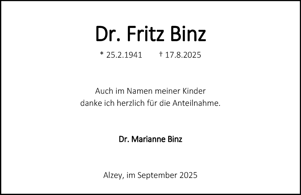  Traueranzeige für Fritz Binz vom 20.09.2025 aus Allgemeine Zeitung Alzey