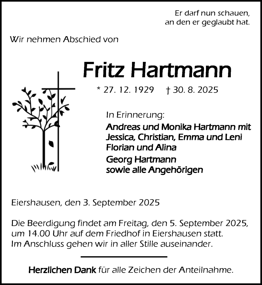  Traueranzeige für Fritz Hartmann vom 03.09.2025 aus Dill Block