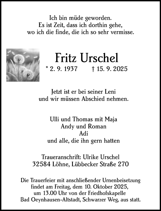 Traueranzeige von Fritz Urschel von Allgemeine Zeitung Alzey