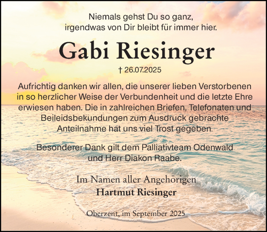 Traueranzeige von Gabi Riesinger von Odenwälder Echo