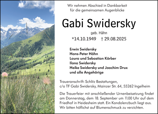 Traueranzeige von Gabi Swidersky von Allgemeine Zeitung Rheinhessen-Nahe