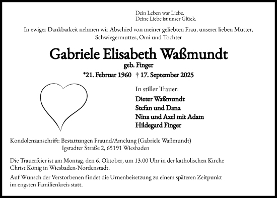 Traueranzeige von Gabriele Elisabeth Waßmundt von Wiesbadener Kurier