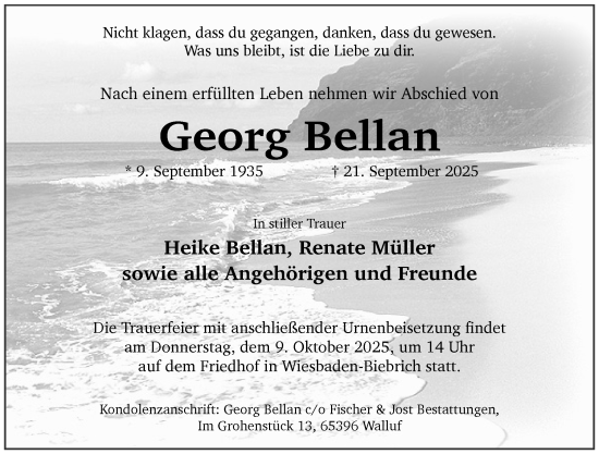 Traueranzeige von Georg Bellan von Wiesbadener Kurier