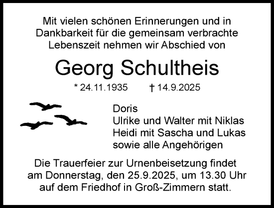 Traueranzeige von Georg Schultheis von Dieburger Anzeiger/Groß-Zimmerner Lokal-Anzeiger