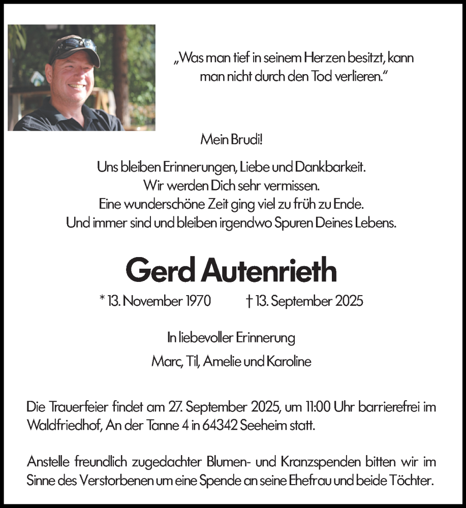  Traueranzeige für Gerd Autenrieth vom 20.09.2025 aus Darmstädter Echo