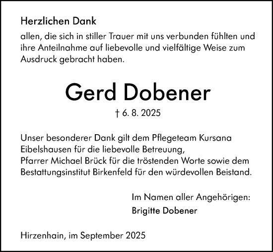 Traueranzeige von Gerd Dobener von Dill Block