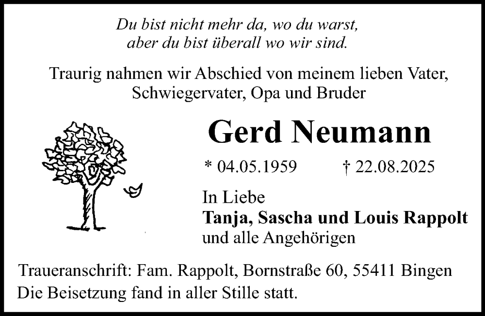  Traueranzeige für Gerd Neumann vom 06.09.2025 aus Binger-/Ingelheimer Wochenblatt