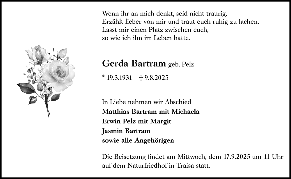  Traueranzeige für Gerda Bartram vom 13.09.2025 aus Darmstädter Echo