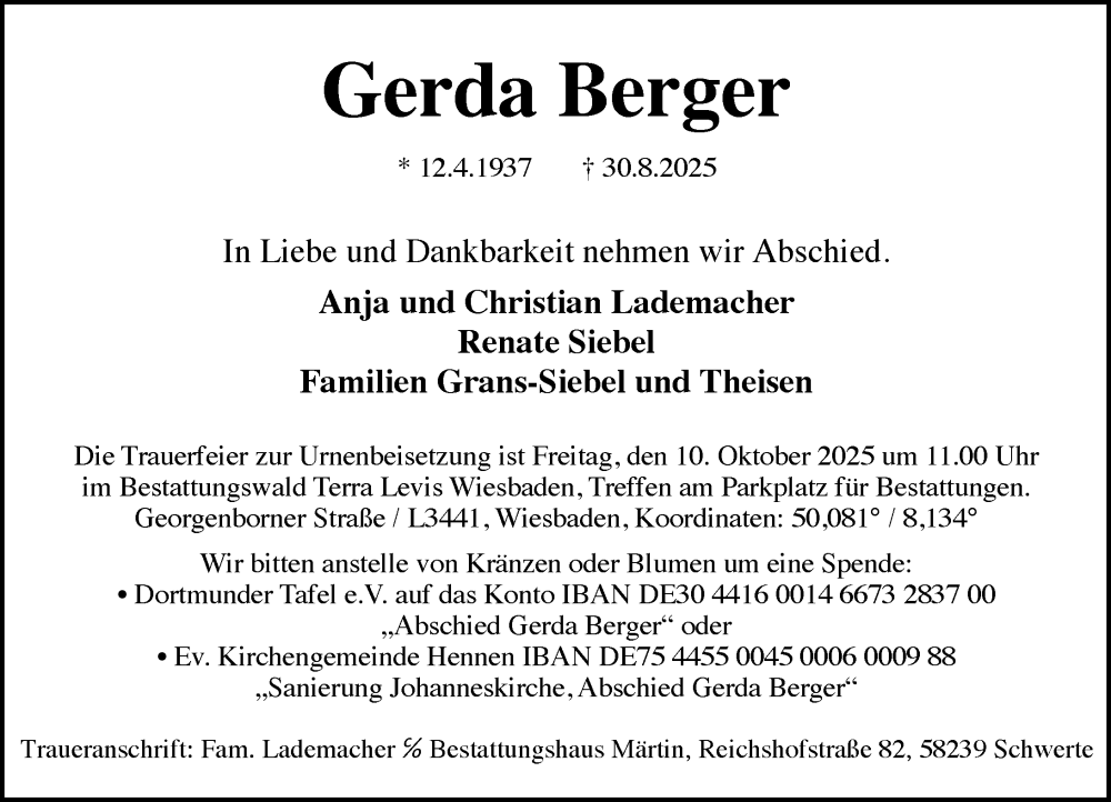  Traueranzeige für Gerda Berger vom 13.09.2025 aus Wiesbadener Kurier