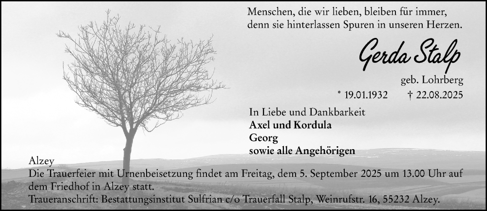  Traueranzeige für Gerda Stalp vom 30.08.2025 aus Allgemeine Zeitung Alzey