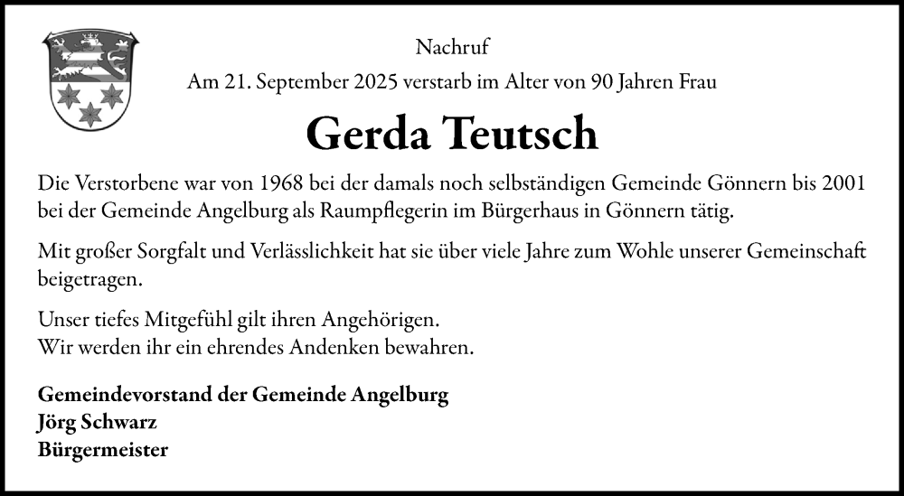  Traueranzeige für Gerda Teutsch vom 30.09.2025 aus Hinterländer Anzeiger