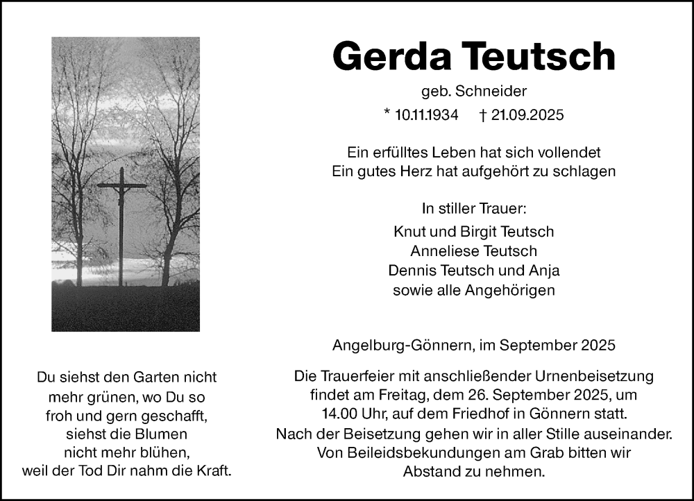  Traueranzeige für Gerda Teutsch vom 24.09.2025 aus Hinterländer Anzeiger