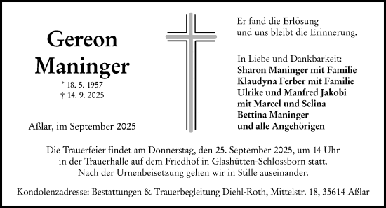 Traueranzeige von Gereon Maninger von Wetzlarer Neue Zeitung