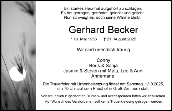 Traueranzeige von Gerhard Becker von Dieburger Anzeiger/Groß-Zimmerner Lokal-Anzeiger
