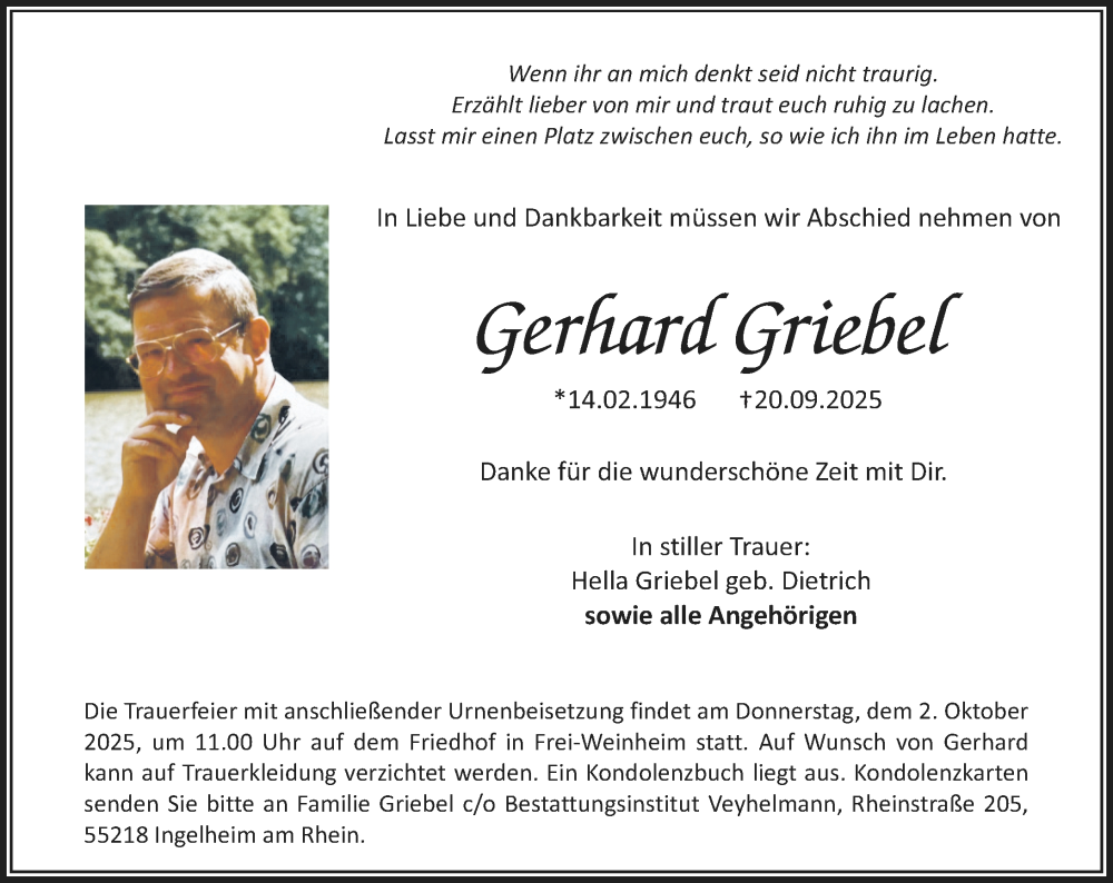  Traueranzeige für Gerhard Griebel vom 27.09.2025 aus Allgemeine Zeitung Rheinhessen-Nahe