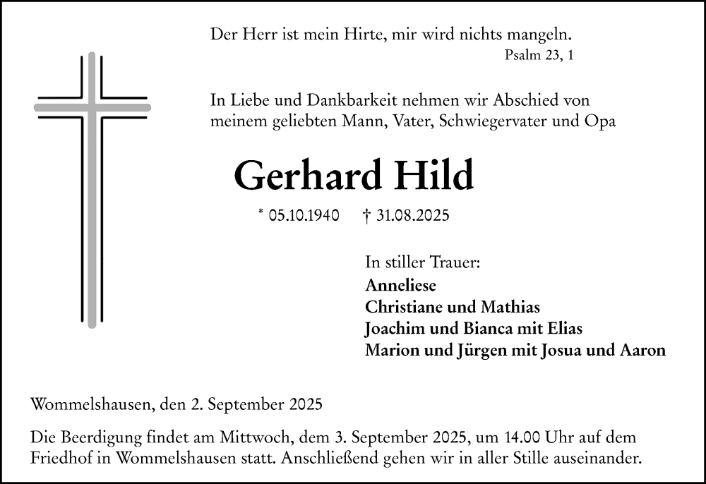  Traueranzeige für Gerhard Hild vom 02.09.2025 aus Hinterländer Anzeiger