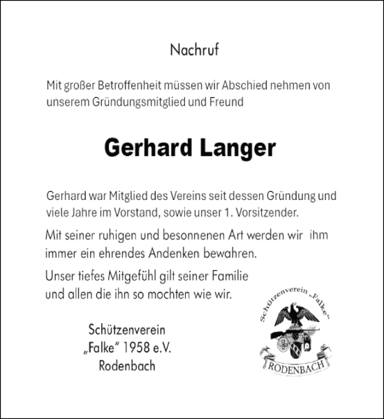 Traueranzeige von Gerhard Langer von Dill Block