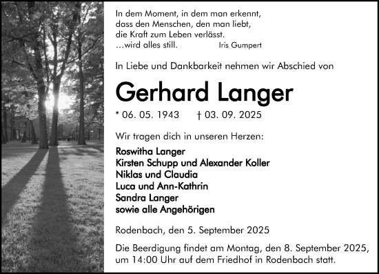 Traueranzeige von Gerhard Langer von Dill Block