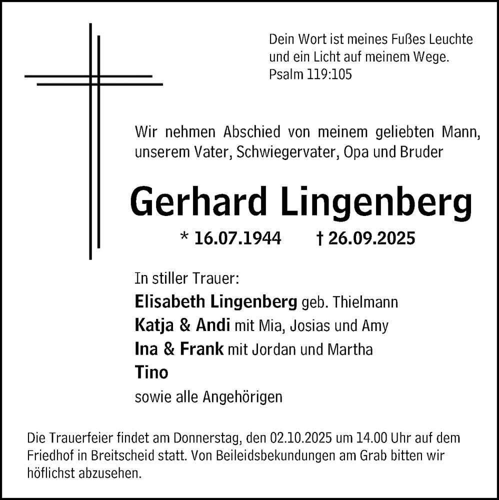  Traueranzeige für Gerhard Lingenberg vom 29.09.2025 aus Dill Block