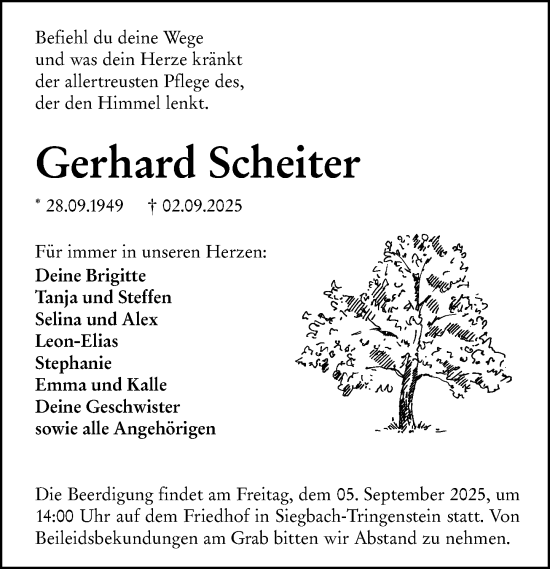 Traueranzeige von Gerhard Scheiter von Dill Block