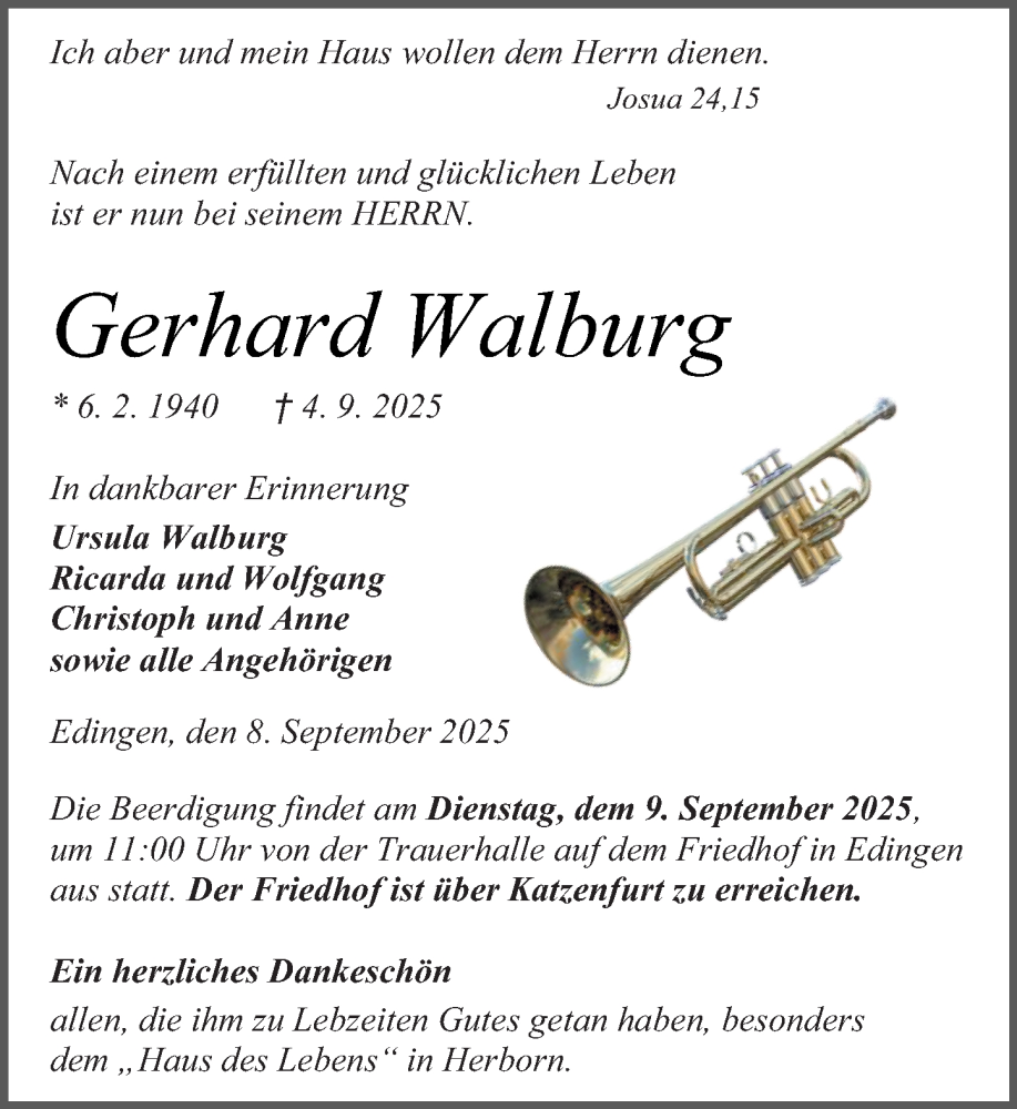  Traueranzeige für Gerhard Walburg vom 08.09.2025 aus Hinterländer Anzeiger