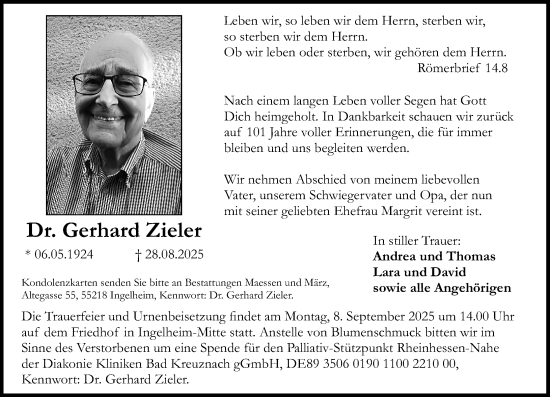 Traueranzeige von Gerhard Zieler von Allgemeine Zeitung Rheinhessen-Nahe