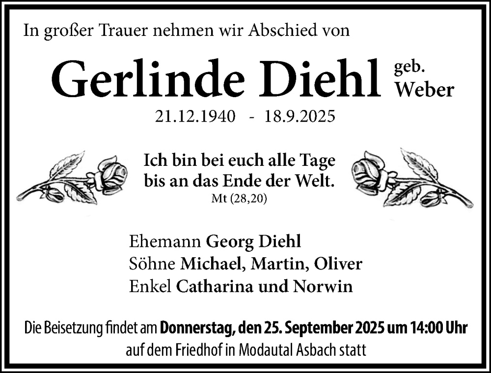  Traueranzeige für Gerlinde Diehl vom 20.09.2025 aus Darmstädter Echo