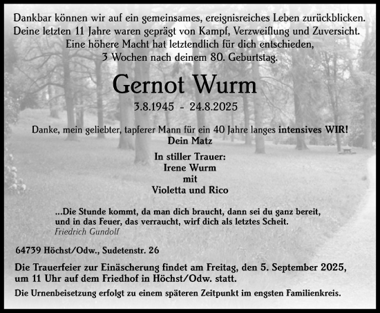 Traueranzeige von Gernot Wurm von Odenwälder Echo