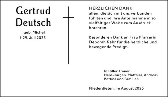Traueranzeige von Gertrud Deutsch von Hinterländer Anzeiger