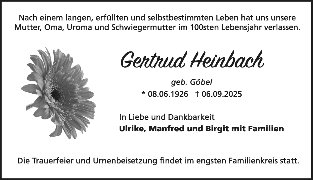  Traueranzeige für Gertrud Heinbach vom 20.09.2025 aus Darmstädter Echo