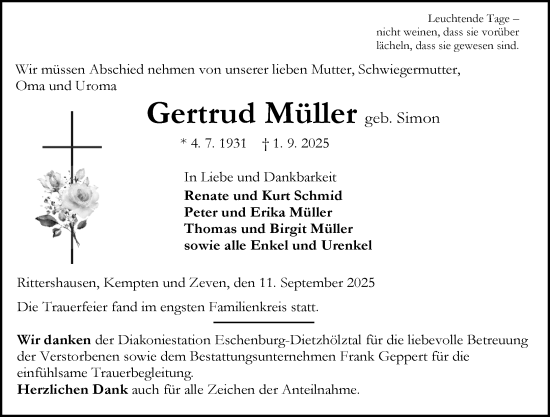 Traueranzeige von Gertrud Müller von Dill Block