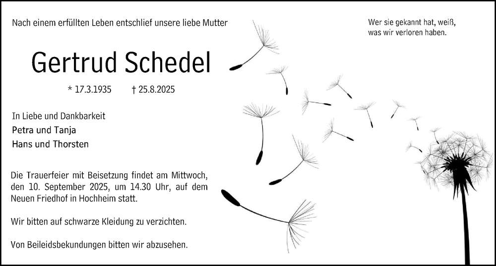  Traueranzeige für Gertrud Schedel vom 05.09.2025 aus Hochheimer Zeitung