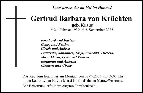 Traueranzeige von Gertrud Barbara van Krüchten von Allgemeine Zeitung Mainz