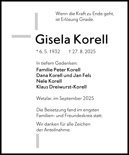 Traueranzeige von Gisela Korell von Wetzlarer Neue Zeitung