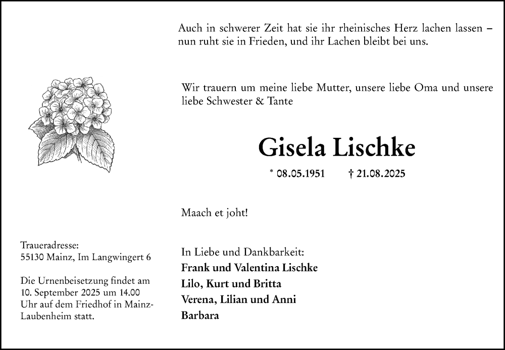  Traueranzeige für Gisela Lischke vom 30.08.2025 aus Allgemeine Zeitung Mainz