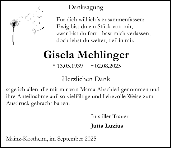Traueranzeige von Gisela Mehlinger von Allgemeine Zeitung Mainz