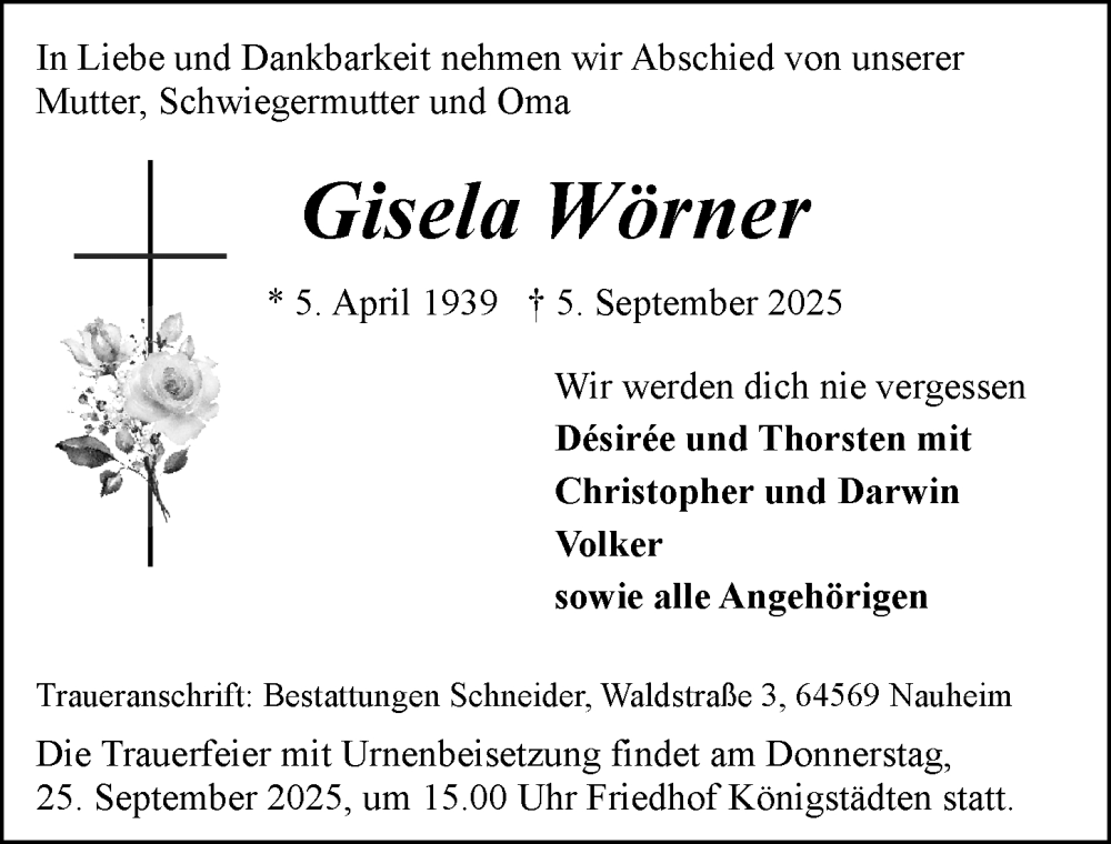  Traueranzeige für Gisela Wörner vom 20.09.2025 aus Rüsselsheimer Echo