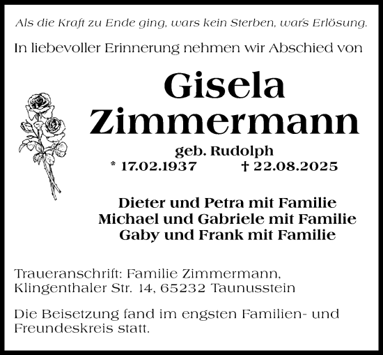 Traueranzeige von Gisela Zimmermann von Wiesbadener Kurier