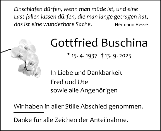 Traueranzeige von Gottfried Buschina von Wetzlarer Neue Zeitung