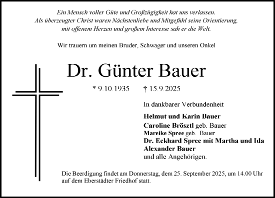 Traueranzeige von Günter Bauer von Darmstädter Echo