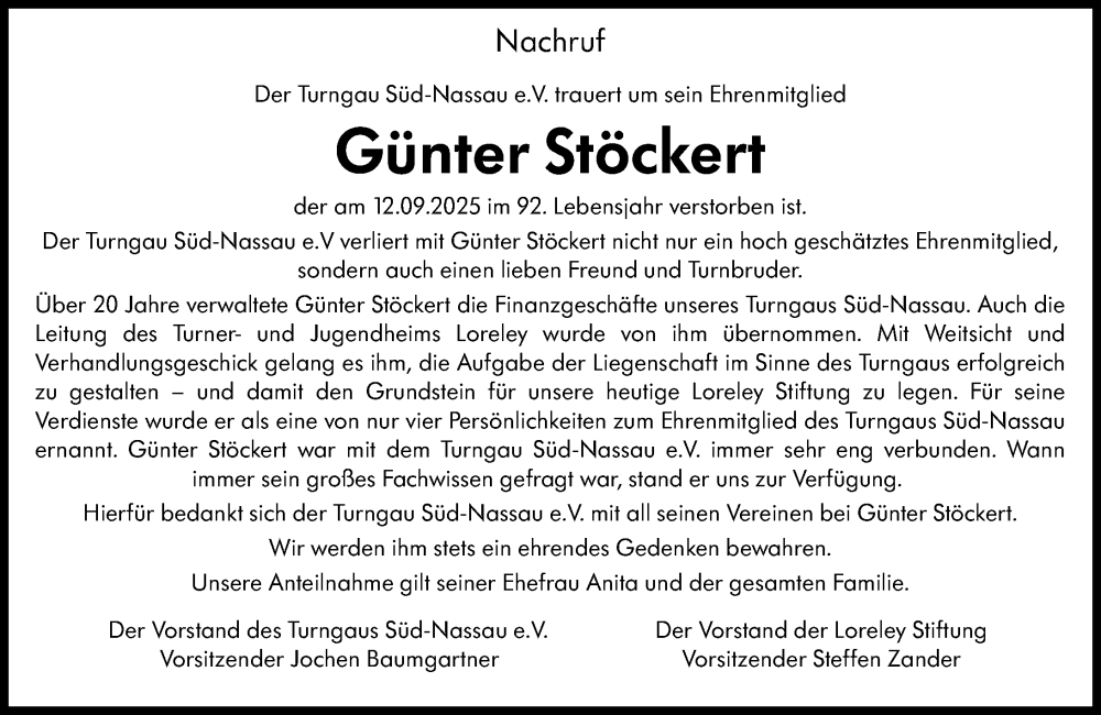  Traueranzeige für Günter Stöckert vom 27.09.2025 aus Wiesbadener Kurier