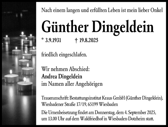 Traueranzeige von Günther Dingeldein von Wiesbadener Kurier