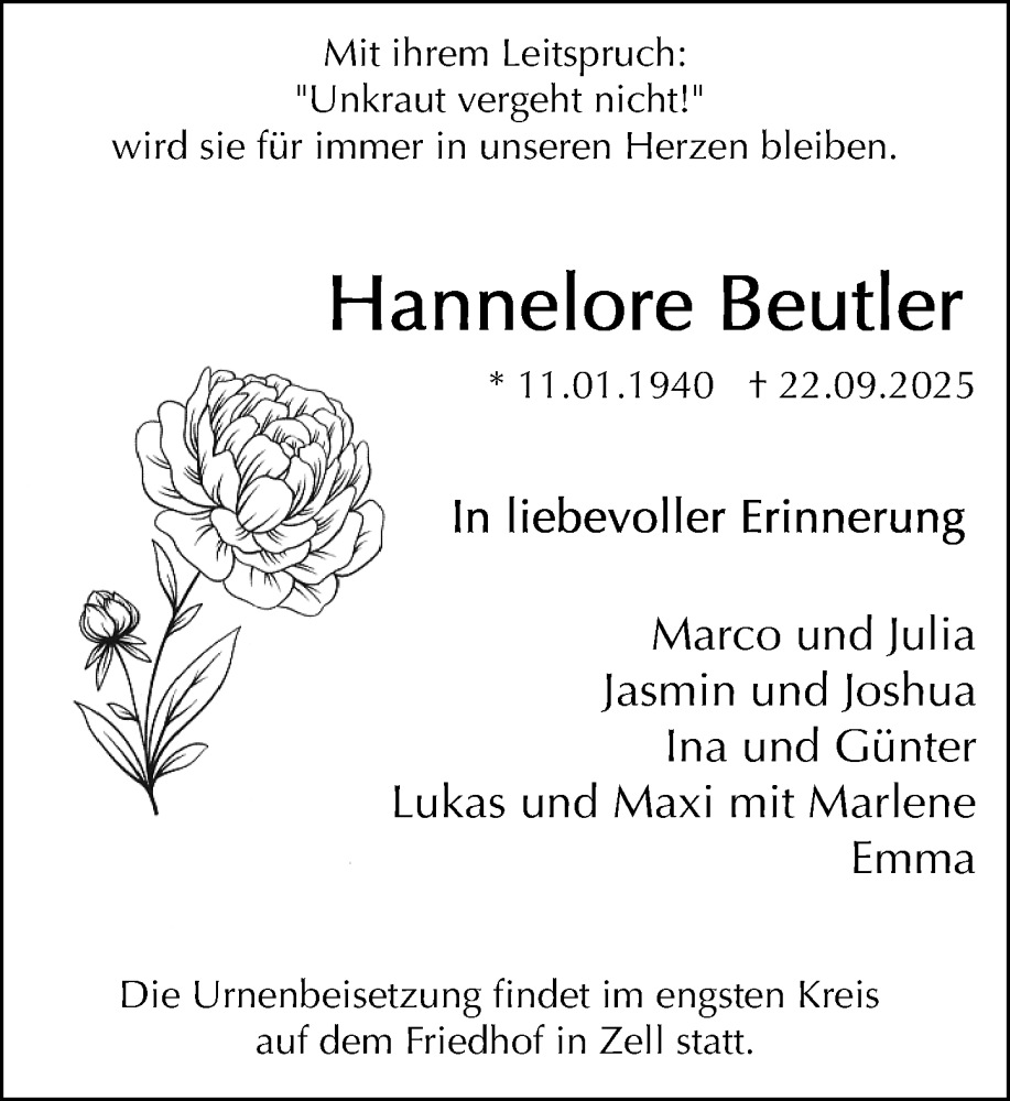  Traueranzeige für Hannelore Beutler vom 27.09.2025 aus Odenwälder Echo