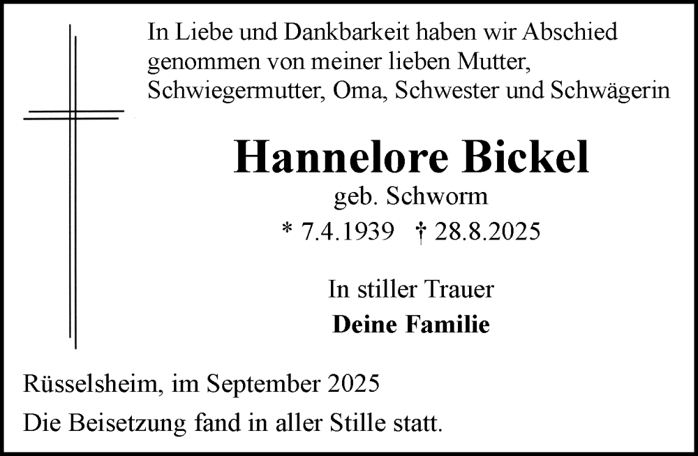  Traueranzeige für Hannelore Bickel vom 27.09.2025 aus Rüsselsheimer Echo
