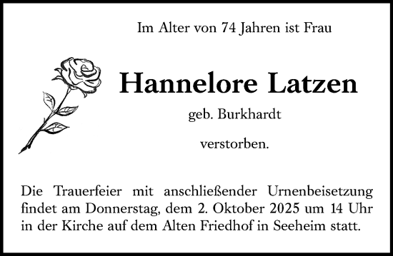 Traueranzeige von Hannelore Latzen von Darmstädter Echo